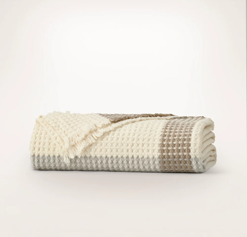 Heirloom Waffle Merino Bed Blanket - Cream/Pewter/Twig Plaid